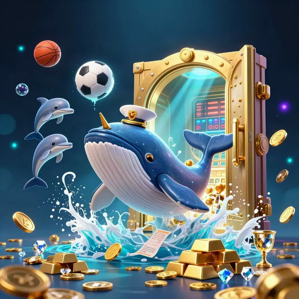 Whale captain, narwhal, dolphins, coins, vault light, soccer ball and basketball in a premium casino splash scene.