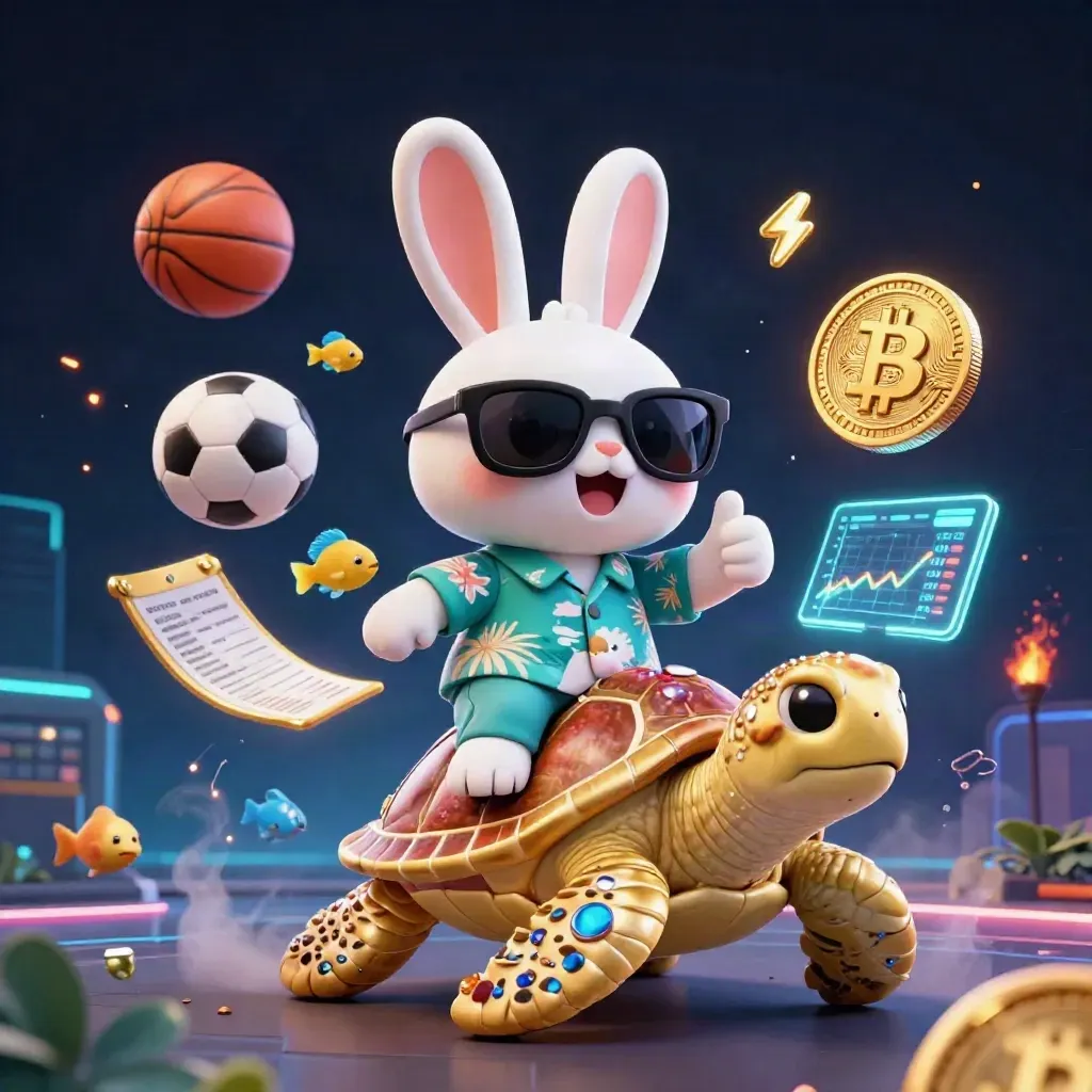 Rabbit on a golden sea turtle with crypto coins, sports balls, neon lights, and a dark premium casino backdrop.