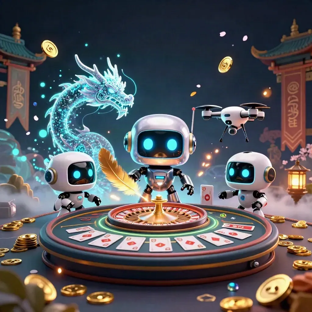 Cyberpunk robot, AI dragon and drone in a luxe live-casino chamber with roulette and glowing gold.