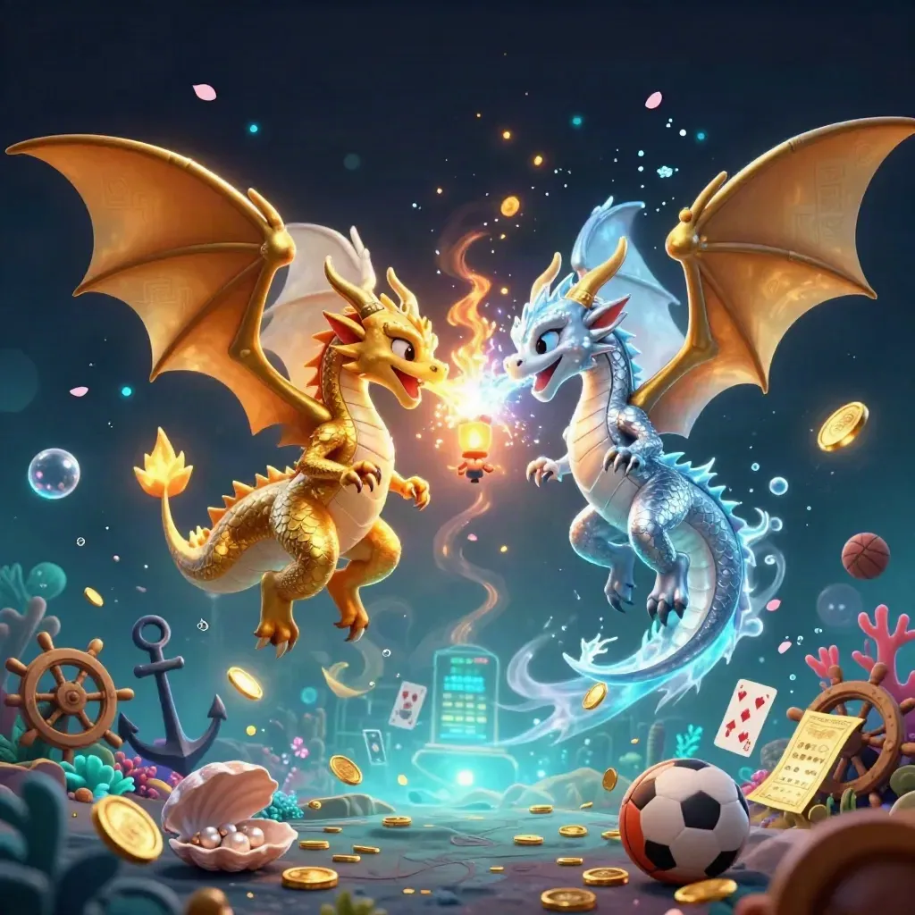 Gold and silver dragons spiral above a treasure cove with coins, coral, balls, and glowing magic.