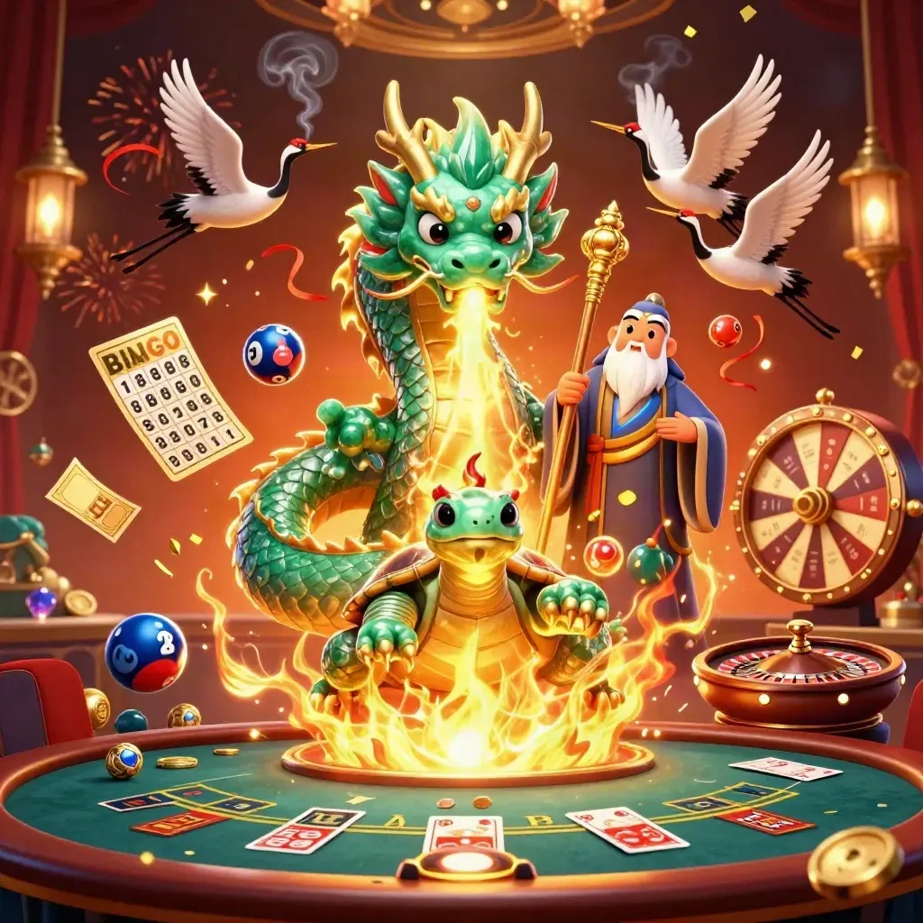 Dragon, turtle sage, and cranes amid casino lights, confetti, and glowing game props.
