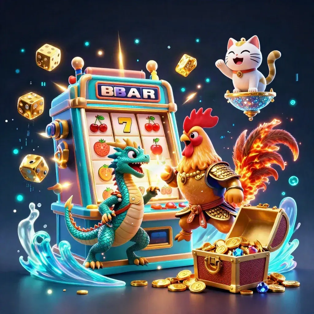 Rooster warrior, dragon hatchling, and fortune-cat amid slot bursts, gold, and neon teal energy.