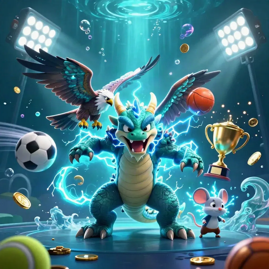 Thunder dragon, wind hawk, and crackling mouse amid coins, balls, and teal casino glow underwater.