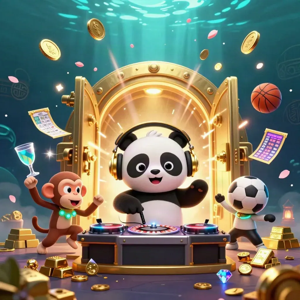 DJ panda, dancing monkey and glow-stick kitten burst from a golden vault with coins and gems.