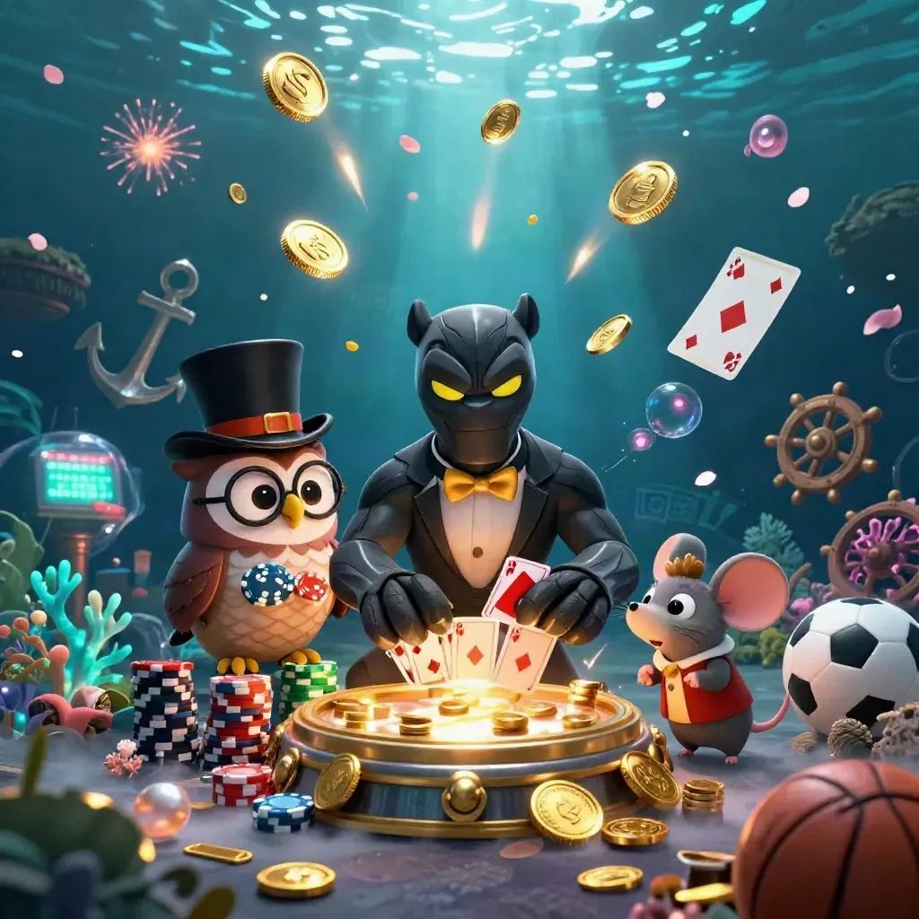 Panther, owl and mouse burst coins underwater with sports icons and glowing treasure.