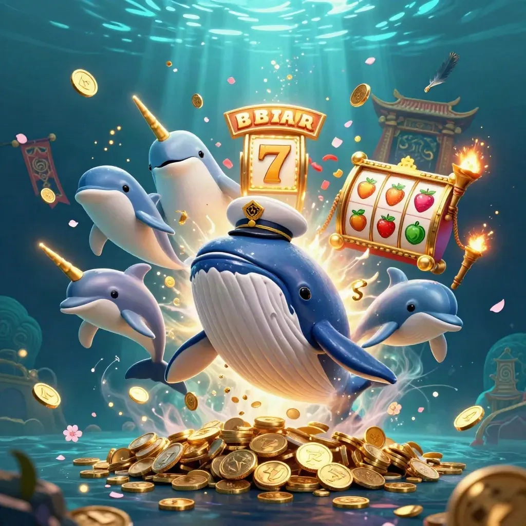 Whale captain, narwhal, and dolphins exploding through coins with casino reels and temple gate