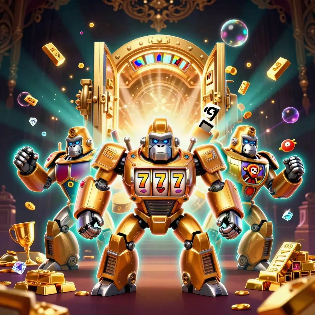 Golden gorilla slot-mech with tiny pilot, vault blast, gold, gems, and teal glow.